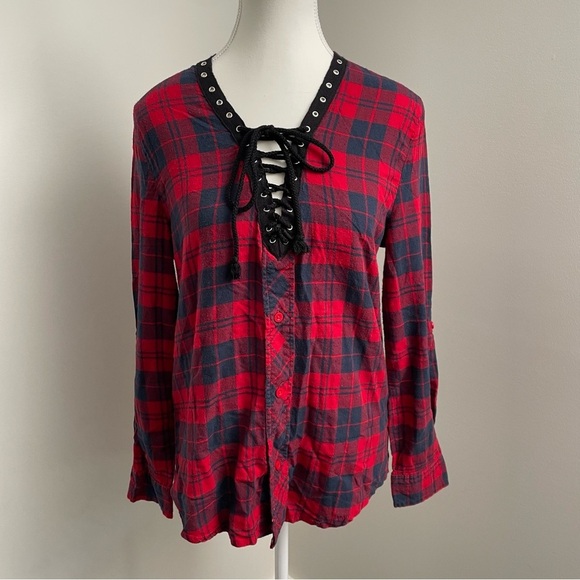 Vintage Y2K Grunge UK2LA Plaid Lace Up Closure Long Sleeve Top Red/Black Size S - Picture 1 of 8